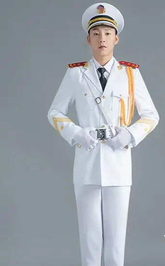 Военная одежда для хора куртка+ брюки+ флаг для ремня рейзер барабанная защита Униформа Китай Национальный Военный Костюм армейский оркестр одежда - Цвет: Man White