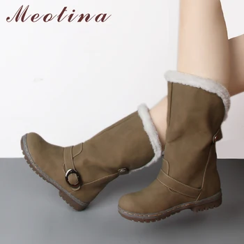 

Meotina Winter Snow Boots Women Mid Calf Boots Winter Buckle Plush Boots Warm Ladies Leisure Shoes Brown Black Large Size 34-46