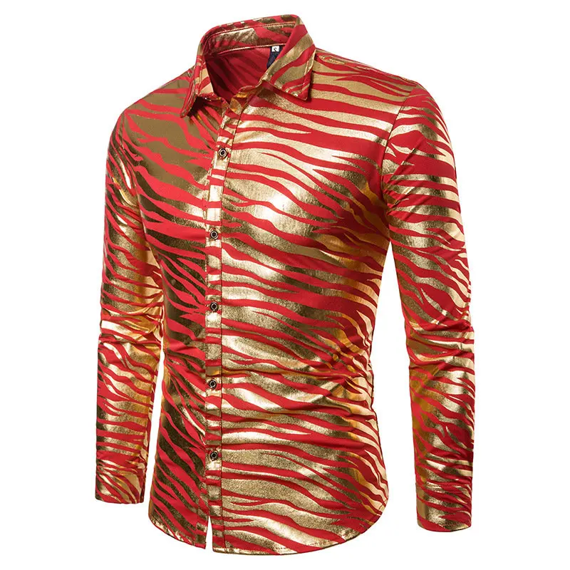 Истинный ревеллер мужские модные рубашки для ночных клубов зебра полосатая блузка горячая штамповка хип хоп топы мужские с длинными рукавами рубашка с отворотом - Цвет: Красный