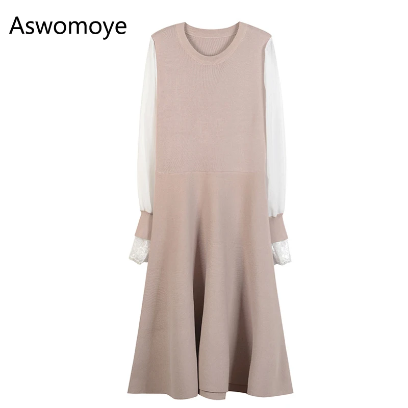 

2018 Early Spring Women Fashion Dress Illusion Full Sleeve with Lace Cuff O-neck Knitted Casual Dresses Draped Bottom