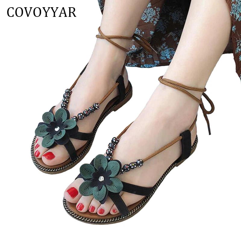COVOYYAR 2018 Beaded Beach Sandals Women Summer Bohemia Flower Ladies
