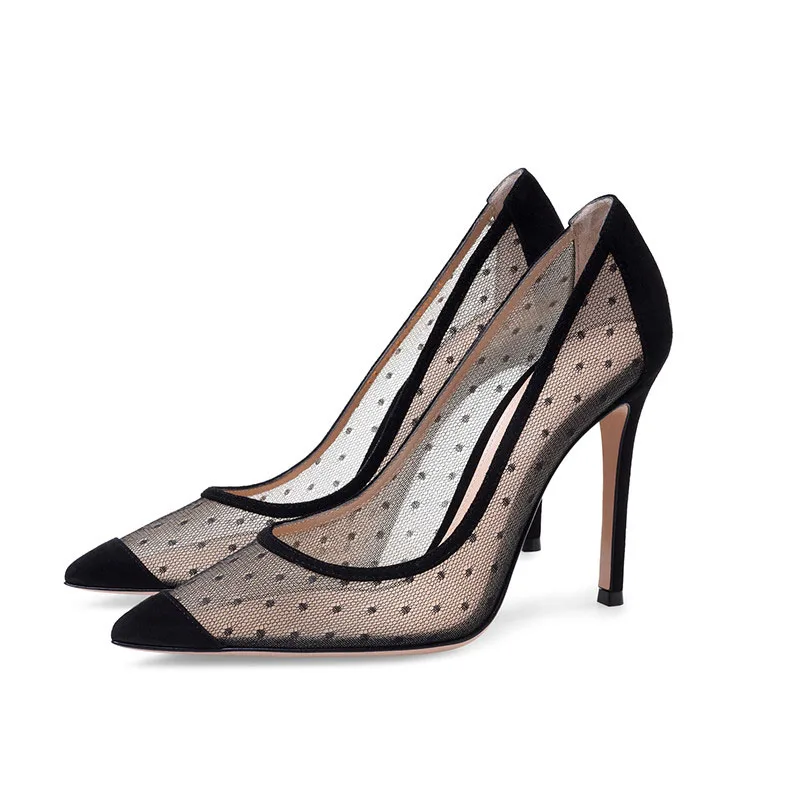 Осенние босоножки с острым носком женские модельные туфли из сетчатого материала г. Черные женские туфли на тонком каблуке, размер 33, 4, 34, туфли для подиума, закрытые, знаменитость туфли на высоком каблуке