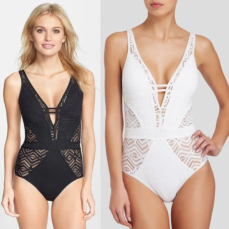 

Swimming Suit For Women White Black 2018 Summer Sexy One Piece Hollow Out Swimwear Bodysuit Solid High Elastic Bathing Suit