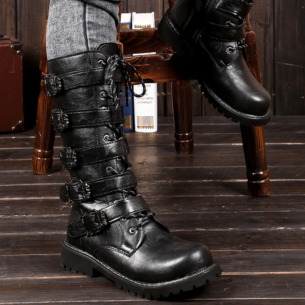Botas de motocicleta para hombre, botas de Motocross, zapatos de motocicleta, botas de cuero de PU con hebilla de media pantorrilla, botas de moto Punk Martin negro