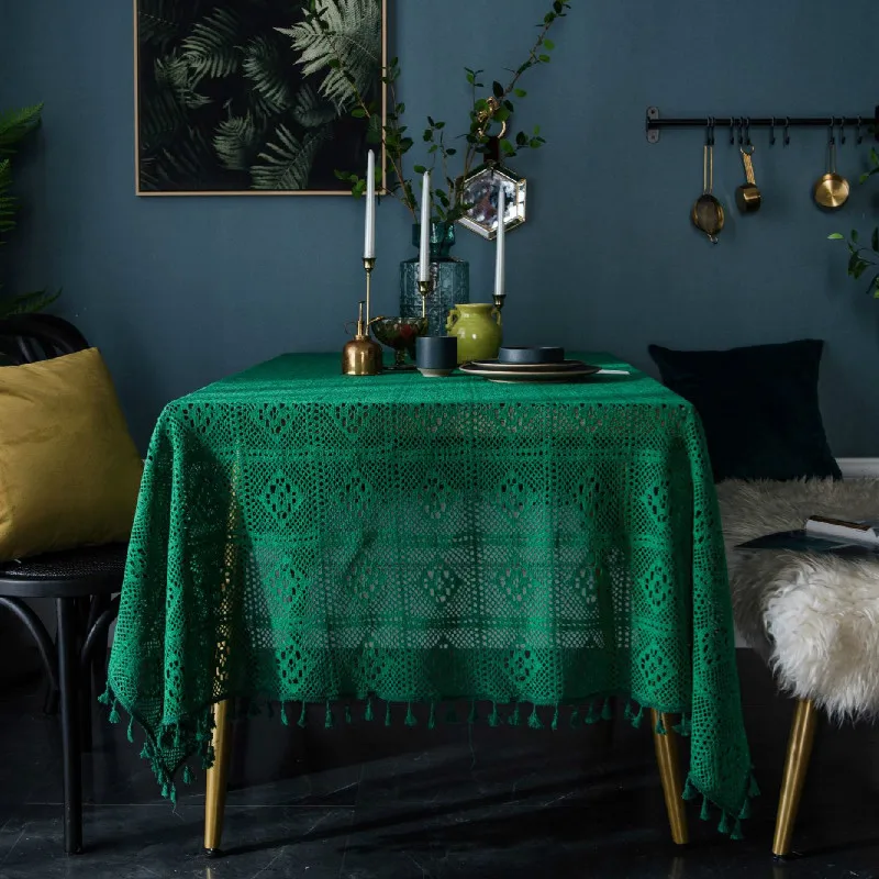

Retro Green Handmade Crochet Tablecloth Cotton Knit Hollow Coffee Tables Cover Cloth Background Decoration Cloths