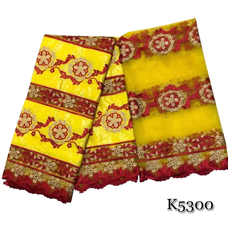 

Yellow color embroidered bazin riche getzner with tulle lace fabric African Bazin fabric for women dress tissu africain cotton