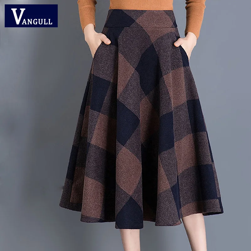 

VANGULL 2019 Autumn new Printed Plaid woolen Skirt Plus Size High Waist Ball Gown Skirt Winter Casual Large swing Thick Skirts
