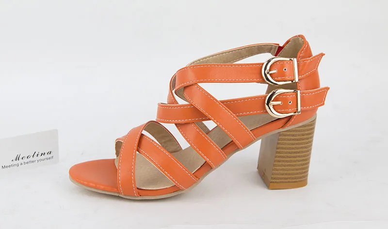Meotina/Женская обувь; босоножки; коллекция года; сандалии-гладиаторы на высоком каблуке с перекрестными ремешками; обувь в римском стиле с открытым носком на не сужающемся книзу массивном каблуке; цвет оранжевый, бежевый; размеры 9, 10