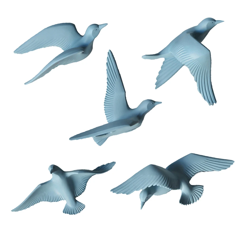 5pcs Nautical Resin 3D Birds Wall Art Murals Flying Seagull Sculpture Bedroom Wall Stickers DIY Home Hotel Decor Blue