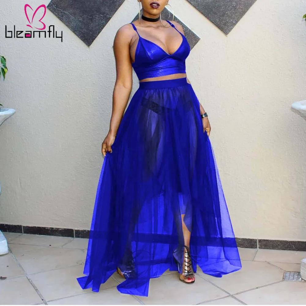 

Sexy Two Piece Set Women Deep V Neck Crop Top+Mesh See Through Long Skirts Summer Beach Tracksuit Outfits Blue Festival Clothing