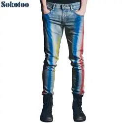 Sokotoo Для мужчин модные цветные полосы окрашенные джинсы с принтом тонкий прямой Радуга стрейч хлопок джинсы
