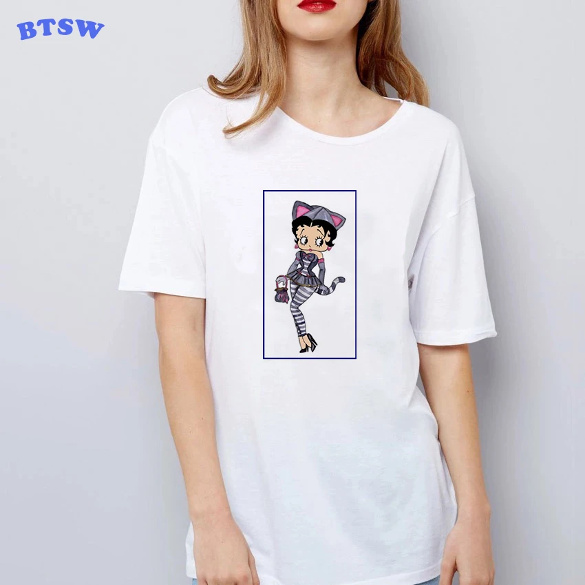 Kawaii Betty Boop Cat & Sexy эстетические топы уличная одежда Camiseta Mujer Femme Vogue Harajuku футболка