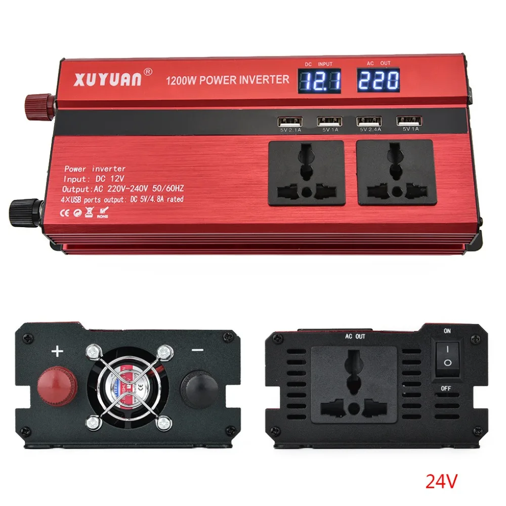 

600W peak power 1200W DC24V To AC 220V Car LED Power Inverter Converter with 4 USB Ports Universal Plug