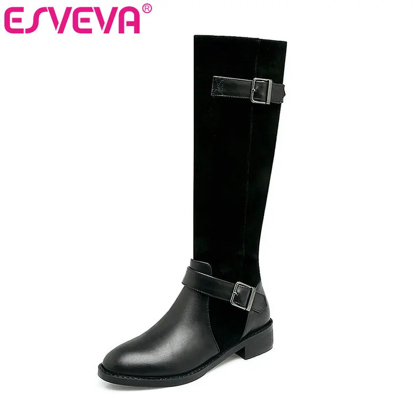 

ESVEVA 2020 Shoes Women Knee-high Boots Square Low Heel Western Style Round Toe Elegant Boots Shoes Size 34-39 Winter Boots