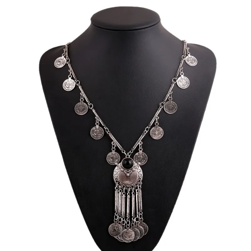 Модное этническое большое колье винтажное богемное длинное ожерелье с монеткой и кисточками серебряное покрытие предложение Макси винтажное ожерелье женское ювелирное изделие