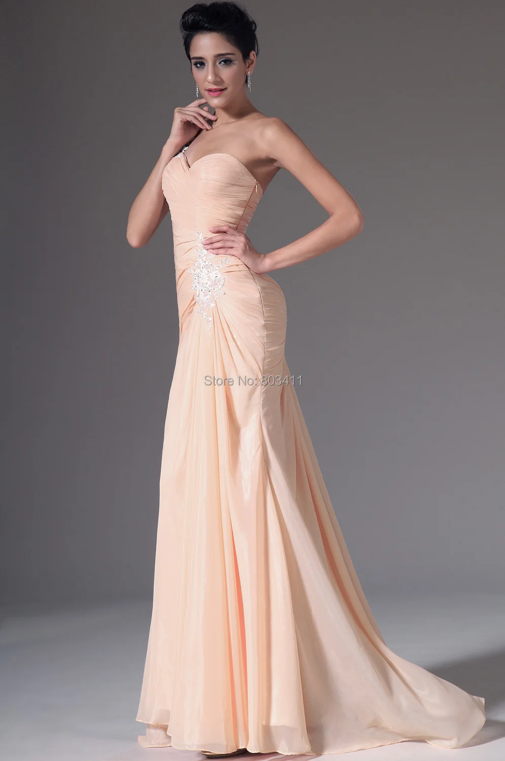 long sleeve evening dresses New One-Shoulder Chiffon Evening Gowns with White Applique long evening gowns