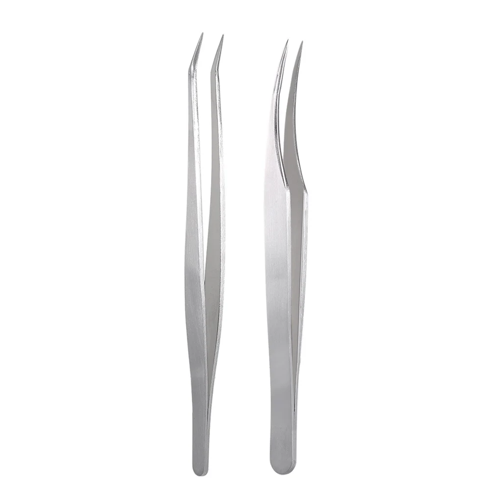 2Pc Stainless Steel Eyelash Extension Tweezers Straight Curved Tip Eyelash Tweezers for Eyelash Extension Tools With Storage Box