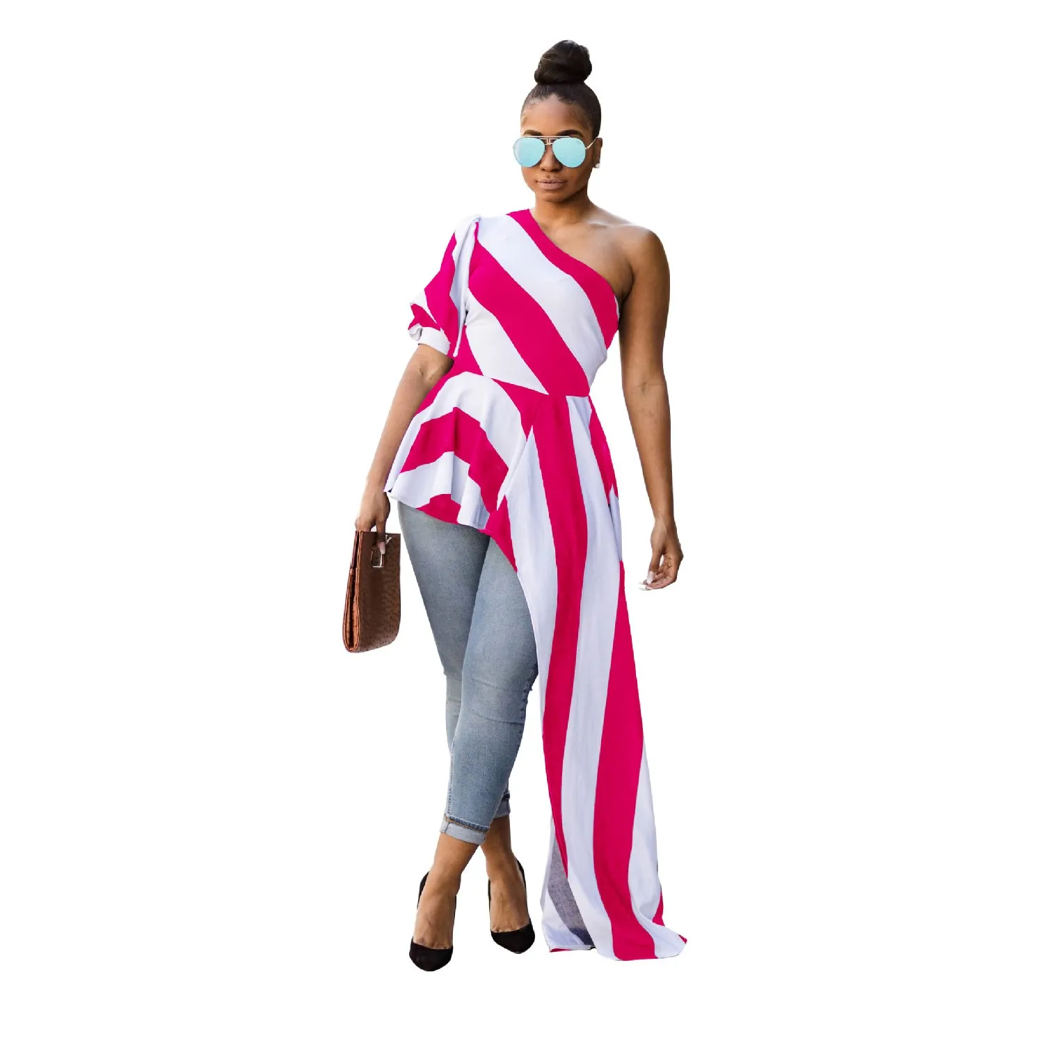 2018 Women Summer One Shoulder Striped Blouse Casual Irregular Tops Short Sexy Long Asymmetric Blouse Blusas Blouses