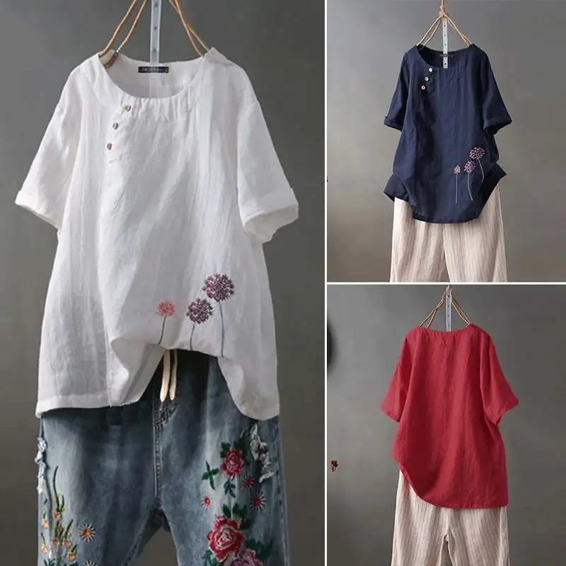 

2019 New ZANZEA Plus Size Women Summer Blouse Ladies Work Office Tops Embroidery Flowers Shirts Cotton Loose Blusas Femininas