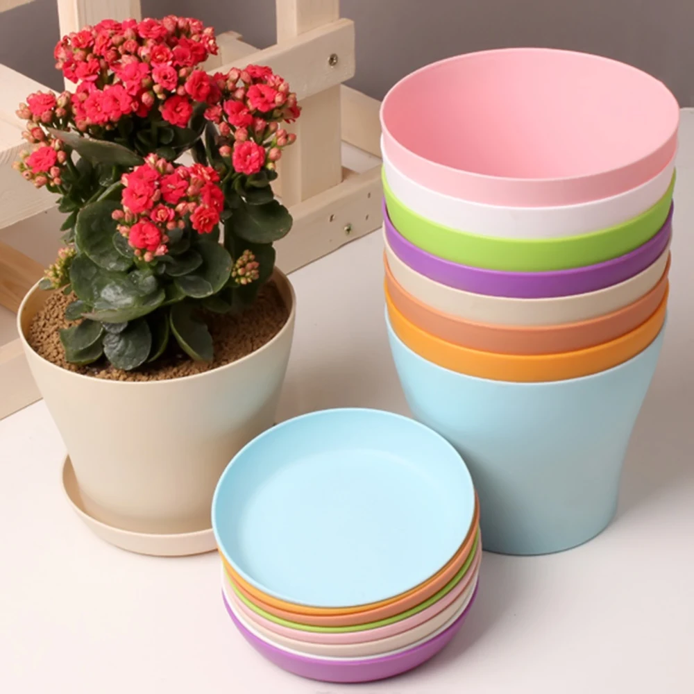 

1pcs FlowerPot Colorful Durable resin Plant Flower Pot Gloss Planter Home Garden Decoration with a Saucer Tray drainage holes