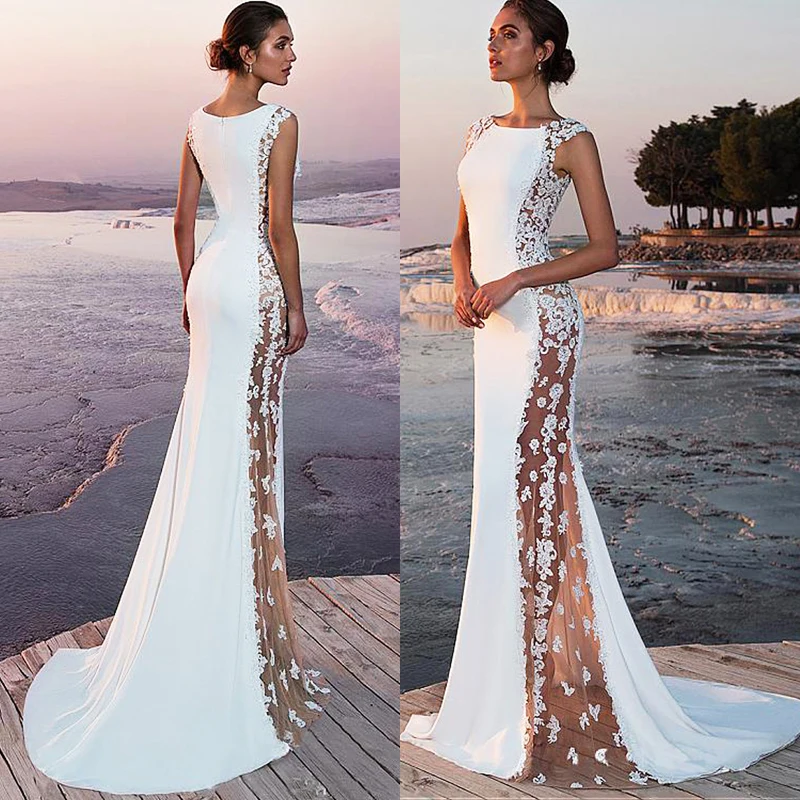 Vestidos Largos Blancos De Parche De Encaje Para Mujer Vestido De Noche Transparente Lateral Para Boda Vestido De Novia Elegante Para Fiesta De Aniversario Vestidos Aliexpress