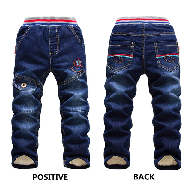New Boys Jeans Winter 2016 Children Embroidery Warm Thermal Cotton-padded Trousers Kids Thicken Plus Velvet Denim Pants 2