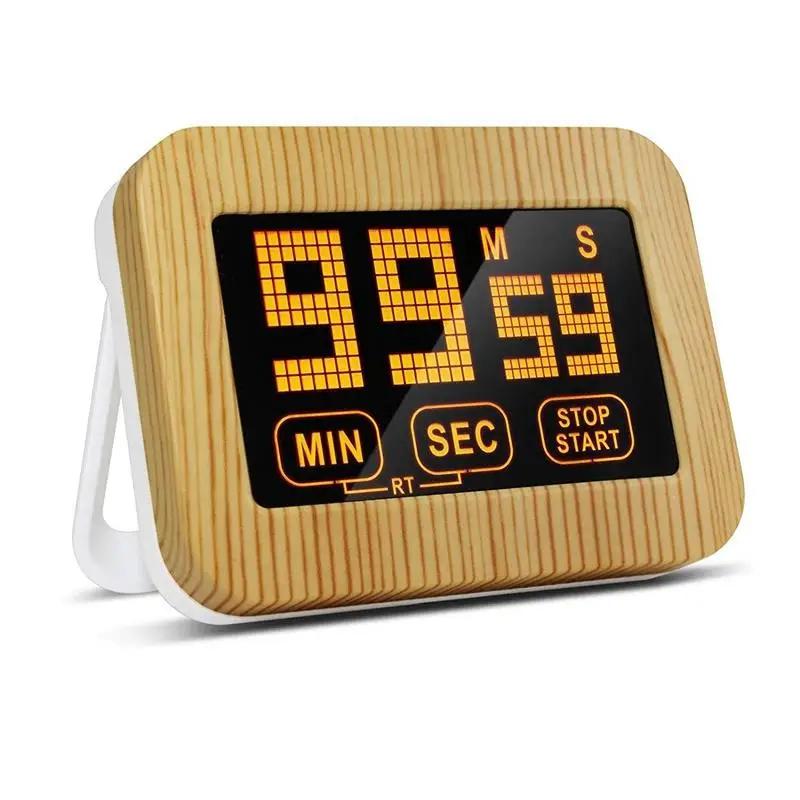 Kitchen Timer, Digital Kitchen Timer With LCD Display And Loud Alarm, Touch-Screen Timer, Retro Wood Grain Luminous Magnetic C