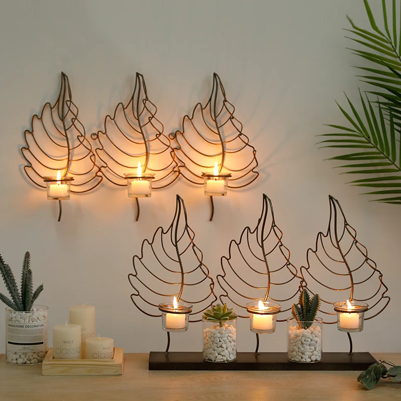

Wrought iron candlestick ins style candle leaf metal wall lamp wall retro decoration romantic candlelight dinner decoration