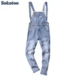 Sokotoo Для мужчин ботильоны длина светло-голубой цвет denim crop комбинезоны Повседневное большой карман тонкий подтяжки комбинезоны джинсы