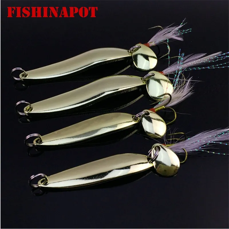 

FISHINAPOT 1pcs Metal Gold 5g/7g/10g/13g Spoon Fishing Lure Hard Bait Sequins with Feather Treble Hook Wobbler Spinner