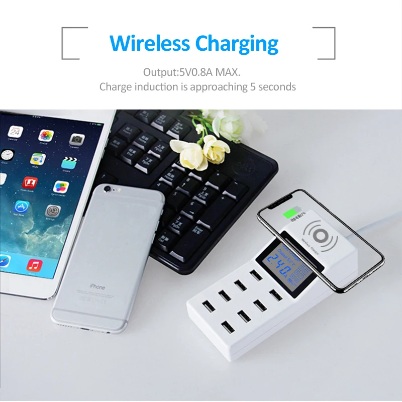 Qi Беспроводное зарядное устройство 8 портов USB 40 Вт Светодиодный дисплей QC3.0 18
