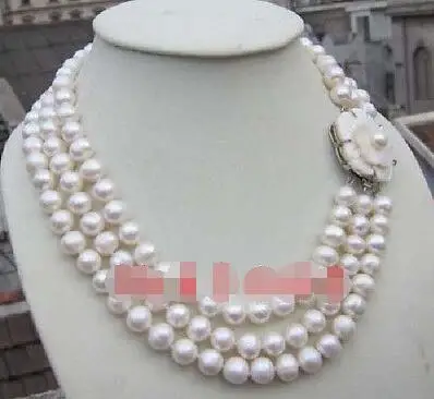 

FREE SHIPPING HOT sell new Style >>>>charming 3 rows south sea natural white 9-10mm pearl necklace 17-19 inch