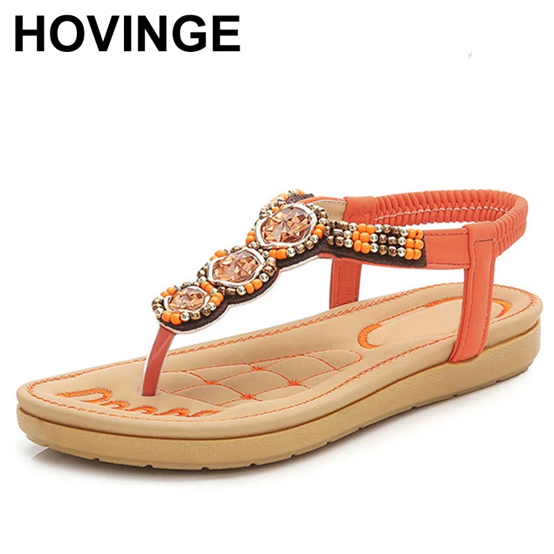 

HOVINGE Bohemia Sandals Elastic Band Fashion Shoes Women Beach Flip Flops Sandals Beading Casual Black Orange Footwear