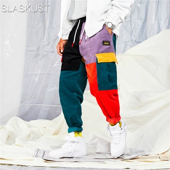 

Pants Color Block Patchwork Corduroy Cargo Harem Pants Streetwear Cotton Trousers Harajuku Jogger Sweatpant