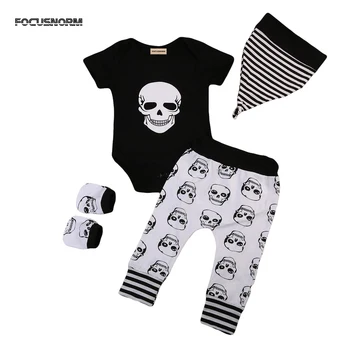 

4PCS Clothing Sets Newborn Baby Boy Girl Halloween Skull Clothes Tops Comfortable Romper Long Pants Hat Outfits Set