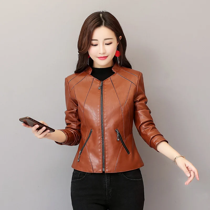Осенне-зимняя куртка из искусственной кожи, женская брендовая приталенная куртка размера плюс 4XL, Женская мотоциклетная кожаная куртка, короткая женская Базовая куртка