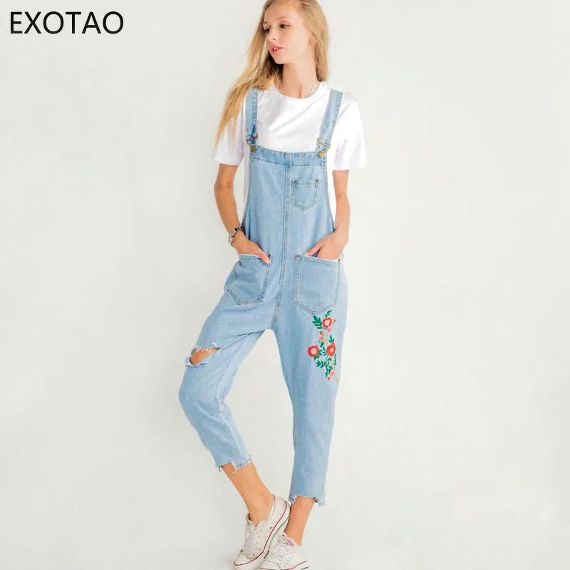 EXOTAO Women Denim Overalls Loose Flower Embroidery Jeans Jumpsuit Ladies Hole Suspender Pants
