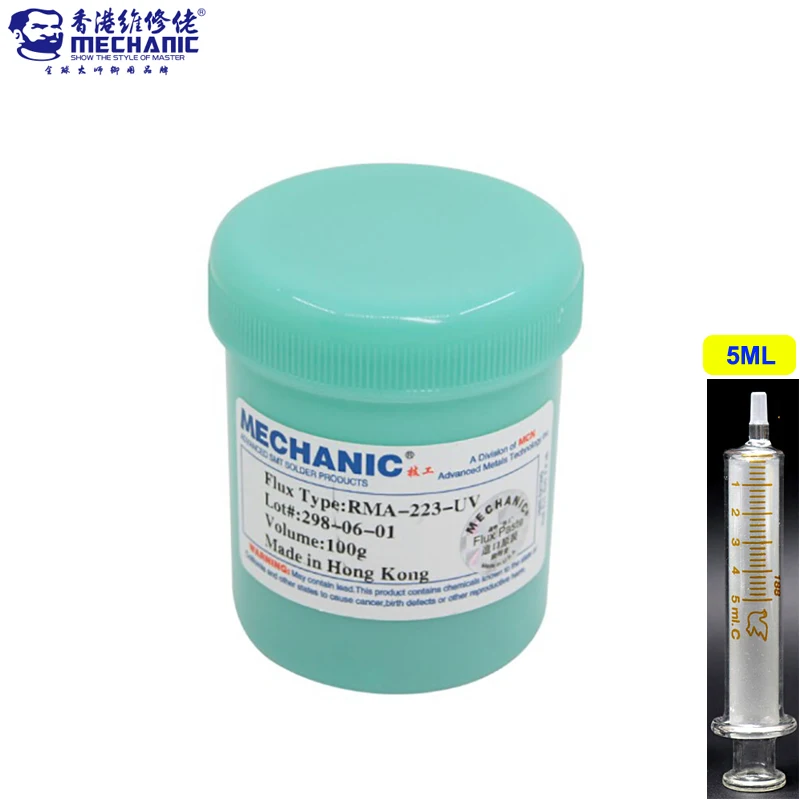MECHANIC  100g RMA-223-UV RMA 223 BGA PCB Flux Paste No-Clean Solder / SMD Soldering Paste Flux Grease + Glass Syringe