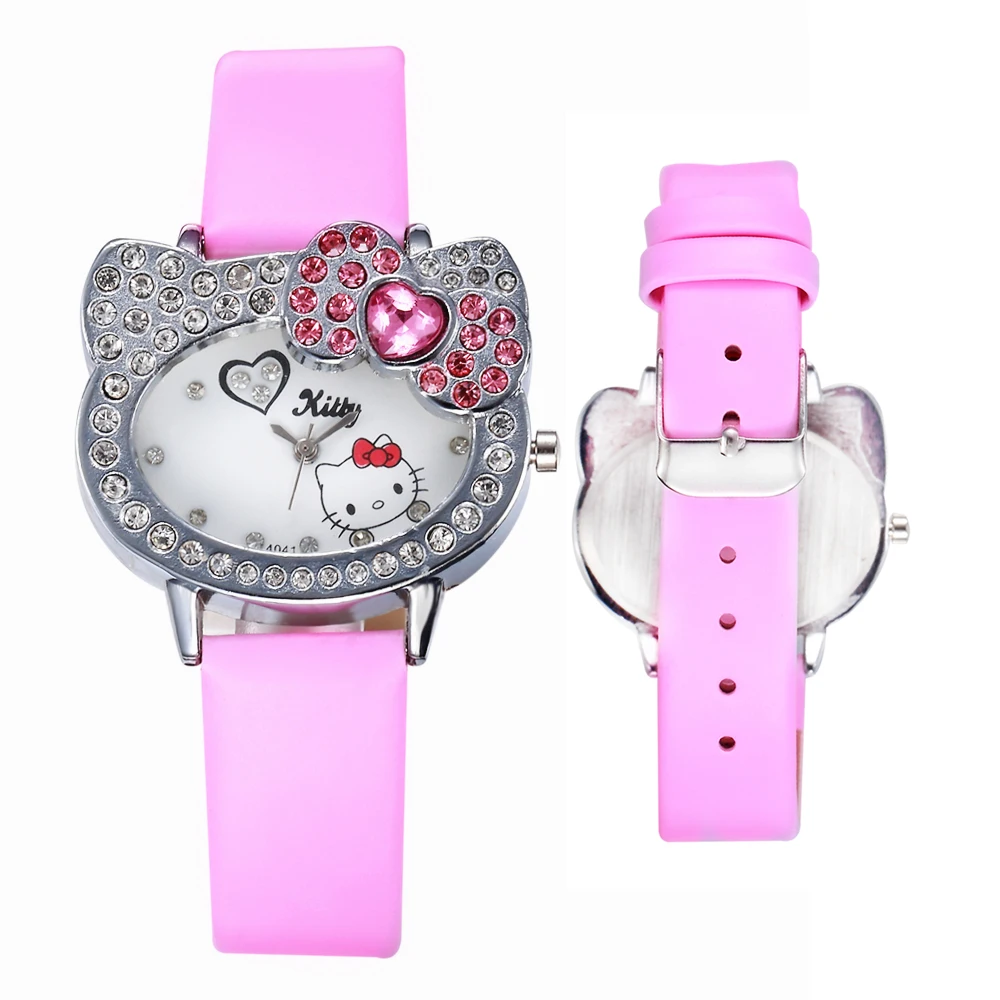

2017 Brand Pink Cartoon Rhinestone Watch Women Leather Children Girls Dress Quartz WristWatch Kids Pink Simple Diamond Watches