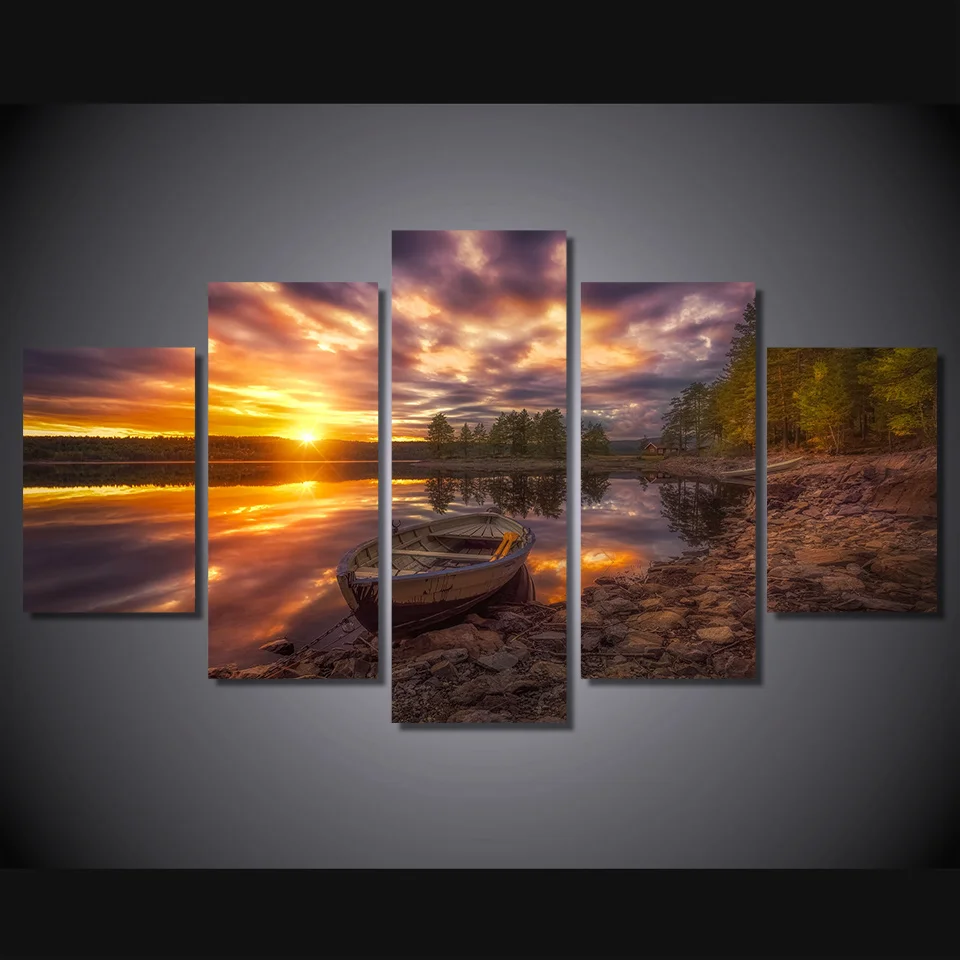

5 Pcs/Set Framed HD Printed Ringerike Norway Sunset Boat Picture Wall Art Canvas Print Decor Poster Canvas Modern Oil Painting