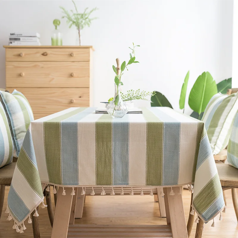 

Thicken Cotton Linen Tablecloth Green Stitching Stripe Waterproof Rectangular Christmas Table Cloth Tassel Hem Decor Table Cover