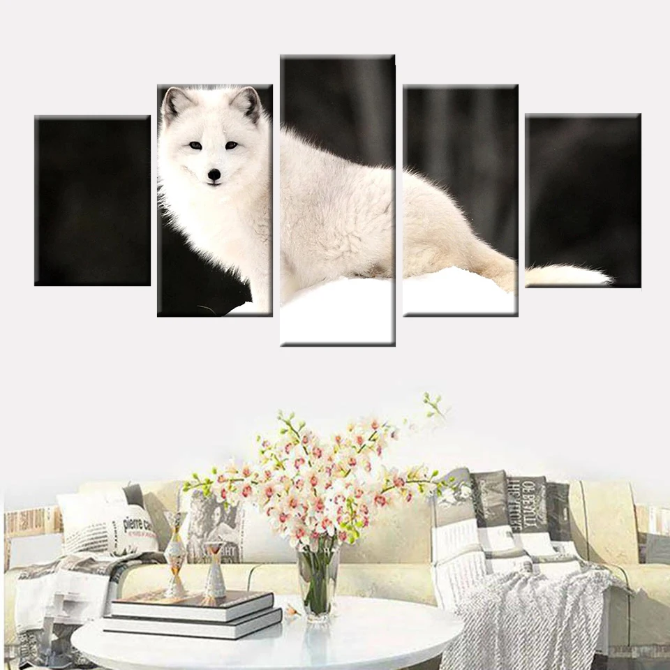 

Nordic style HD canvas art wall living room home decoration painting 5 panel snow mountain plateau wolf painting animal poster