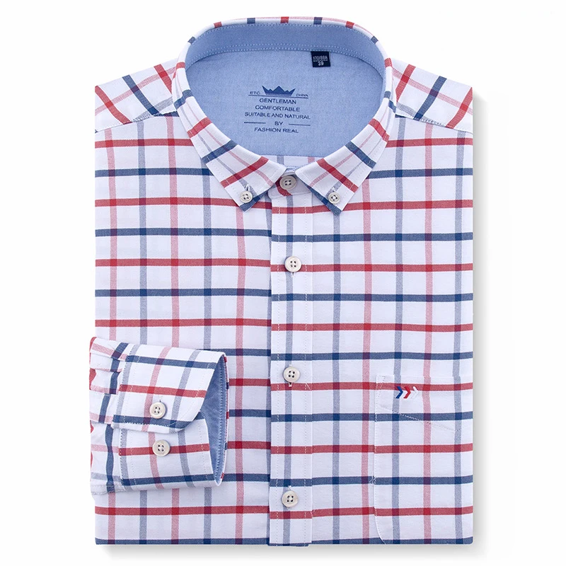 الرجال طويلة الأكمام أكسفورد منقوشة مخطط زر أسفل اللباس قميص مع جيب الصدر واحد 100% القطن الترفيه مكتب العمل قمصان