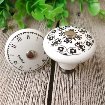 

Set of 6 Black & White Floral Ceramic Cupboard Cabinet Knobs Drawer Pulls Small 1.5" Diameter