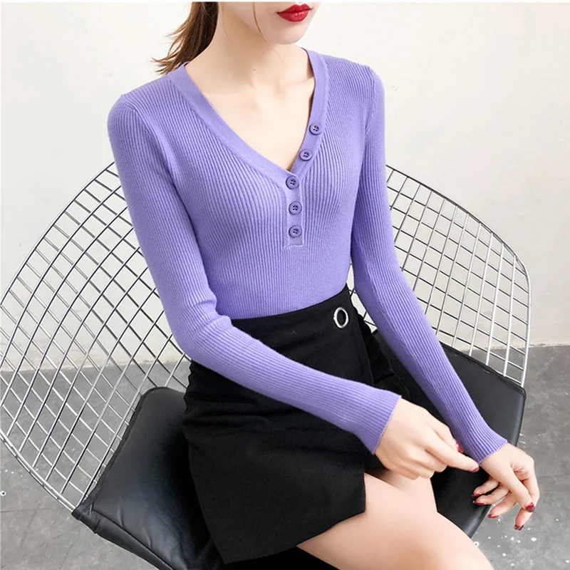 

Harajuku Ladies Top Button V-Neck Pullovers Solid Knitted Women Sweaters 2018 Winter Long Sleeve Slim Sweater Femme Clothes