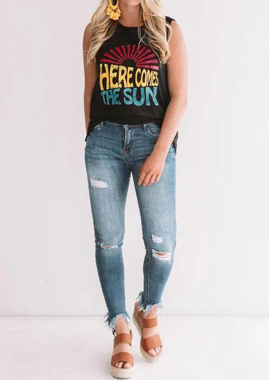 

Women Here Comes The Sun Festival Tank Black Femme Vogue Harajuku Kawaii Sleeceless Graphic Top Ladies Korean Aesthetic Clothes