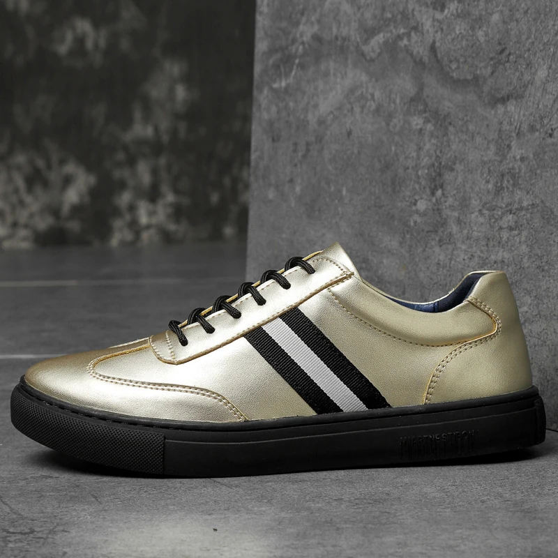 

Spring Autumn Youth Fashion Men Walking Shoes Luxury Brand Mens Casual Sneakers Gold Leather Men Shoes Rubber Bottom Flats Shoes