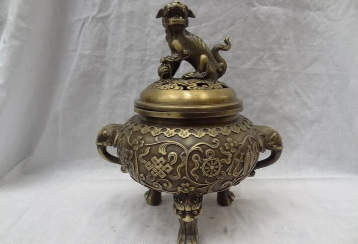 

USPS to USA S1253 10" Tibet Bronze 8 Auspicious Symbol Fish Lion Ball Statue Incense Burner Censer B0401