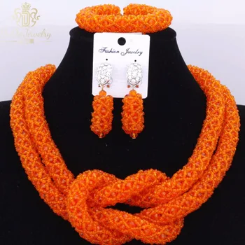 

2018 Newest Orange Indian Wedding Nigerian Beads Necklace Set For Bride Women Party Costume Jewelry Set Store Free Shipping