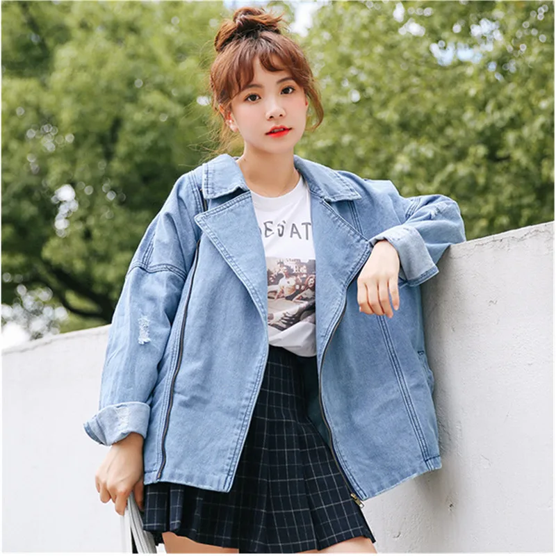 Ladies Denim Jackets Women Spring Turn Down Collar Hole